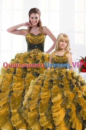 Latest Floor Length Lace Up 15 Quinceanera Dress Gold for Military Ball and Sweet 16 and Quinceanera with Beading and Appliques and Ruffles
