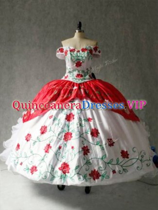 Off The Shoulder Cap Sleeves Lace Up Sweet 16 Dress White And Red Organza and Taffeta