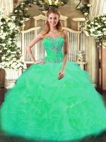 Elegant Turquoise Organza Lace Up Quince Ball Gowns Sleeveless Floor Length Beading and Ruffles