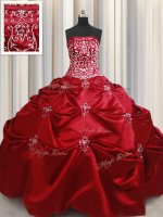 Wine Red Ball Gowns Strapless Sleeveless Taffeta Floor Length Lace Up Beading and Appliques and Embroidery Quinceanera Dress