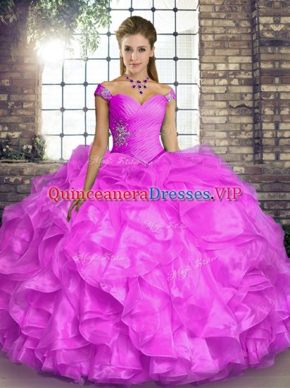 Floor Length Lace Up Ball Gown Prom Dress Lilac for Military Ball and Sweet 16 and Quinceanera with Beading and Ruffles - Click Image to Close