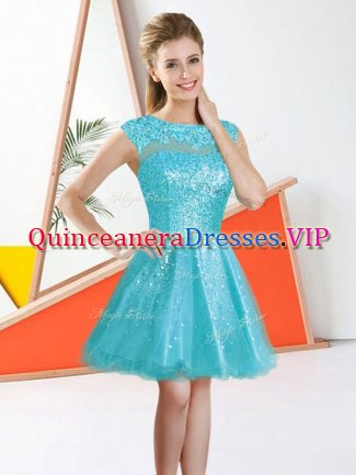 Beautiful Aqua Blue Organza Backless Quinceanera Court of Honor Dress Sleeveless Knee Length Beading and Lace