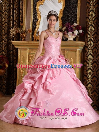 Las Matas Spain Beading and Appliques Decorate Bodice Simple Pink Straps Taffeta Ball Gown Quinceanera Dress - Click Image to Close