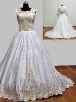 Nice White Quince Ball Gowns Military Ball and Sweet 16 and Quinceanera with Embroidery Square Sleeveless Brush Train Zipper(SKU YCQD0110BIZ)