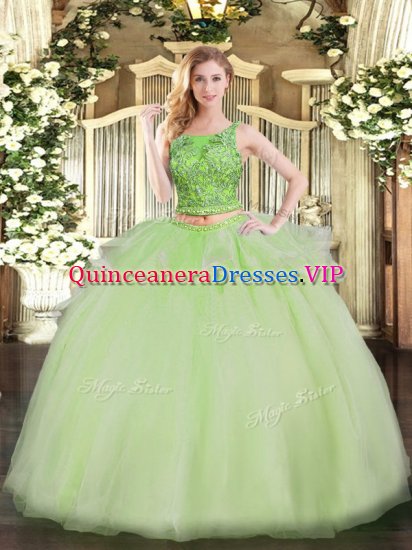 Custom Fit Organza Scoop Sleeveless Lace Up Beading Quince Ball Gowns in Yellow Green - Click Image to Close