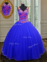 Elegant Sequins Floor Length Royal Blue Quince Ball Gowns V-neck Sleeveless Zipper