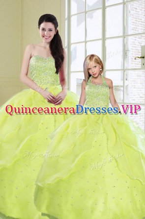 Sleeveless Floor Length Beading and Sequins Lace Up Ball Gown Prom Dress with Yellow Green