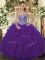 Modest Purple Ball Gowns Sweetheart Sleeveless Lace Floor Length Lace Up Beading and Ruffled Layers Quinceanera Gown