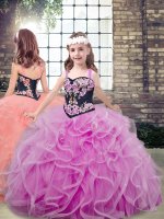 Lilac Straps Neckline Embroidery and Ruffles Child Pageant Dress Sleeveless Lace Up