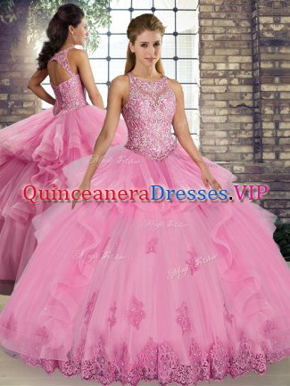 Hot Sale Floor Length Ball Gowns Sleeveless Rose Pink Sweet 16 Dress Lace Up