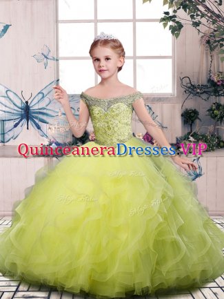 Excellent Yellow Green Tulle Side Zipper Off The Shoulder Sleeveless Floor Length Little Girls Pageant Gowns Beading