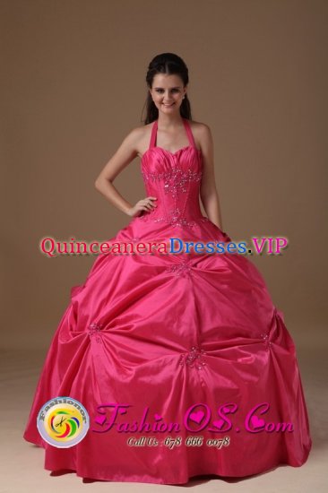 American Fork Utah/UT Hot Pink Halter Quinceanera Dress Beading and Pick-ups For Exclusive Sweetheart - Click Image to Close