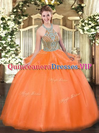 Top Selling Orange Red Halter Top Lace Up Beading and Ruffles Sweet 16 Quinceanera Dress Sleeveless