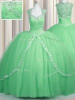 Edgy Zipper Apple Green Quince Ball Gowns Tulle Brush Train Cap Sleeves Beading and Appliques(SKU PSSW0598-2BIZ)