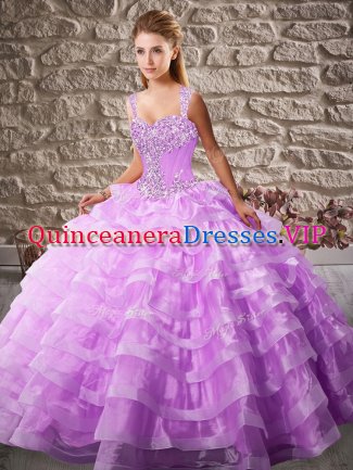 Lilac Straps Neckline Beading and Ruffled Layers Quince Ball Gowns Sleeveless Lace Up