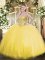 Gold Sleeveless Floor Length Appliques Lace Up Sweet 16 Dresses