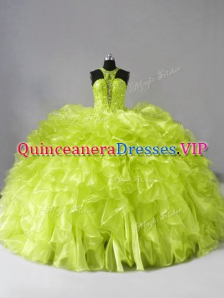 Wonderful Yellow Green Zipper Halter Top Beading and Ruffles Quinceanera Dresses Organza Sleeveless Brush Train