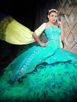 Sleeveless Organza With Brush Train Lace Up 15th Birthday Dress in Turquoise with Embroidery and Ruffles