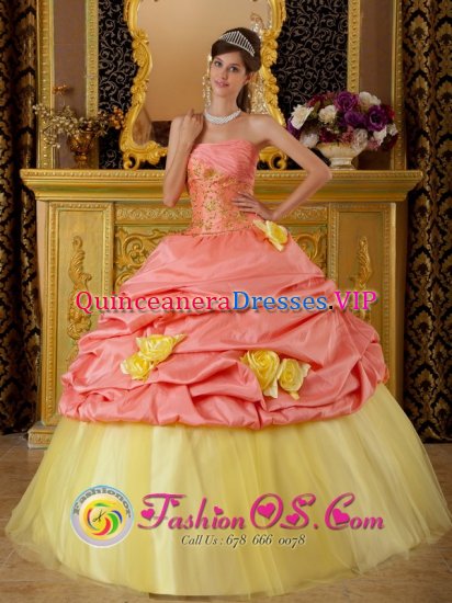 South Gloucestershire Avon Colorful Hand Made Flowers and Pick-ups For Watermelon and Yellow Strapless Quinceanera Dress With Taffeta and Tulle Appliques - Click Image to Close