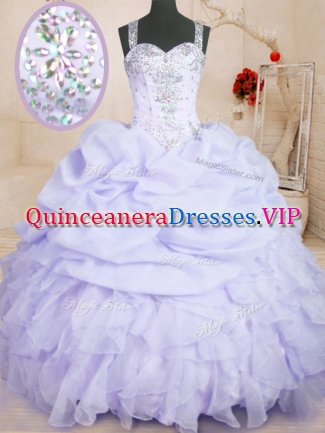 Delicate Straps Sleeveless Sweet 16 Dresses Floor Length Beading and Ruffles and Pick Ups Lavender Organza