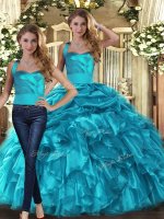 Delicate Teal Two Pieces Ruffles and Pick Ups Quinceanera Gown Lace Up Organza Sleeveless Floor Length