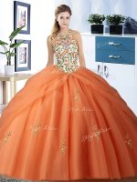 Sexy Halter Top Sleeveless Quinceanera Dresses Floor Length Embroidery and Pick Ups Orange Tulle(SKU SJQDDT855002-1BIZ)