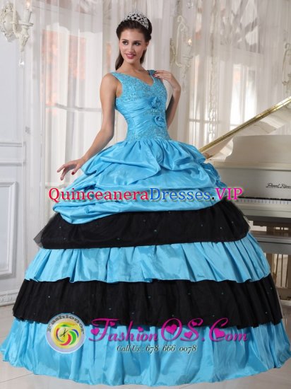 Pretty straps V-neck Beaded hand flower Decorate ruffled Aqua and Black Quinceanera Dress for Haan Germany - Click Image to Close