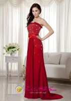 Skien Norway Gorgeous Wine Red Column Strapless Quinceanera Dama Dress Brush Train Taffeta and Chiffon Bow Knot Beading