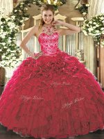 Superior Red Halter Top Neckline Beading and Ruffles Quinceanera Dresses Sleeveless Lace Up