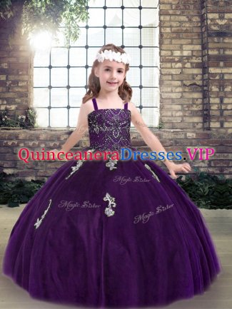 Trendy Purple Tulle Lace Up Straps Sleeveless Floor Length Pageant Dress for Teens Appliques