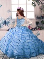 Blue Ball Gowns Organza Straps Sleeveless Beading and Ruffled Layers Floor Length Lace Up Little Girl Pageant Gowns Court Train(SKU PAG1196-5BIZ)