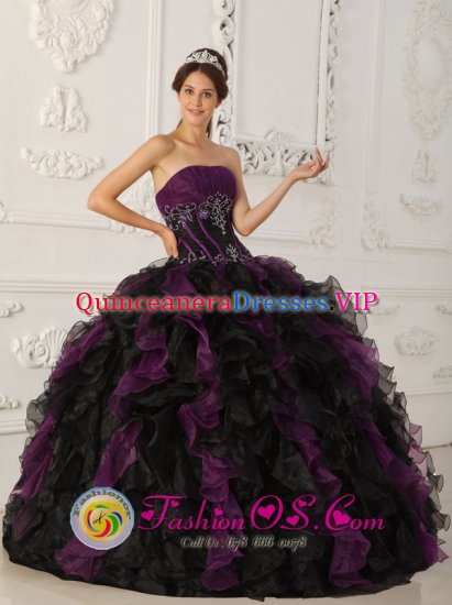 Pudasjarvi Finland Brand New Purple and Black Quinceanera Dress With Beaded Decorate and Ruffles Floor Length - Click Image to Close