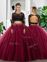 Popular Long Sleeves Floor Length Lace and Ruching Backless 15th Birthday Dress with Fuchsia