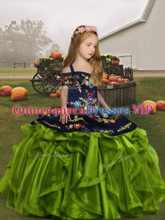 Glorious Olive Green Organza Lace Up Little Girl Pageant Gowns Sleeveless Floor Length Embroidery and Ruffles