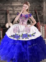 Shining Royal Blue Off The Shoulder Lace Up Embroidery and Ruffles Sweet 16 Dress Sleeveless