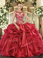 Colorful Appliques and Ruffles 15 Quinceanera Dress Red Lace Up Cap Sleeves Floor Length(SKU SJQDDT1174002-3BIZ)