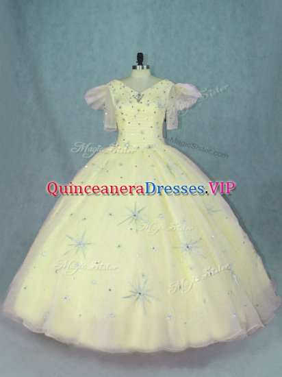 Exceptional Yellow Short Sleeves Organza Zipper 15 Quinceanera Dress for Quinceanera - Click Image to Close