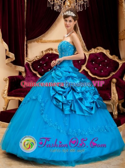 Twin Bridges Montana/MT Stylish Quinceanera Dress For Strapless Teal Taffeta and Tulle Lace and Appliques Ball Gown - Click Image to Close