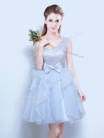 One Shoulder Sleeveless Mini Length Lace and Ruffles and Bowknot Lace Up Quinceanera Court of Honor Dress with Grey
