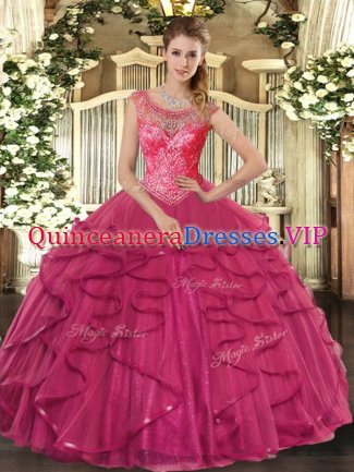 Floor Length Hot Pink Ball Gown Prom Dress Scoop Sleeveless Lace Up