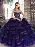 Tulle Sweetheart Sleeveless Lace Up Beading and Ruffles Sweet 16 Quinceanera Dress in Purple