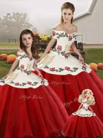 Organza Off The Shoulder Sleeveless Lace Up Embroidery Vestidos de Quinceanera in White And Red