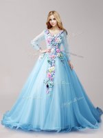 Affordable Baby Blue Lace Up 15th Birthday Dress Hand Made Flower Long Sleeves Brush Train