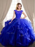 Simple Scoop Beading and Appliques and Ruffles Quinceanera Dress Royal Blue Lace Up Cap Sleeves With Brush Train