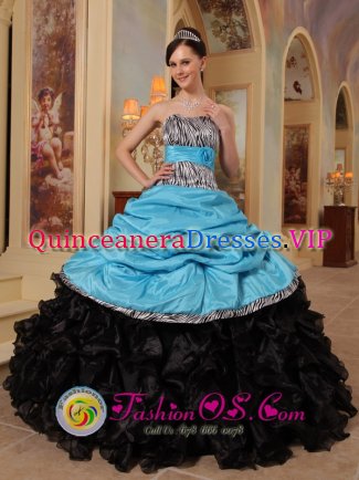Aque Blue and Black Zebra Ruffles and Sash Safford AZ Safford strapless Quinceanera Dresses With Pick-ups For Graduation