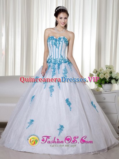 White And Blue Sweetheart Floor-length Taffeta and Organza Appliques Decorate Romantic Quinceanera Dress In North Miami FL - Click Image to Close