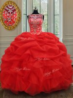 See Through Red Organza Lace Up Bateau Sleeveless Floor Length Sweet 16 Dresses Beading and Ruffles