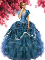 Sleeveless Organza and Taffeta Floor Length Lace Up Quinceanera Dress in Teal with Beading and Ruffles and Pick Ups