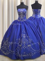 Fantastic Embroidery Strapless Sleeveless Lace Up Military Ball Dresses For Women Royal Blue Chiffon