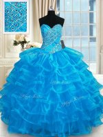 Beauteous Ruffled Floor Length Blue 15 Quinceanera Dress Sweetheart Sleeveless Lace Up
